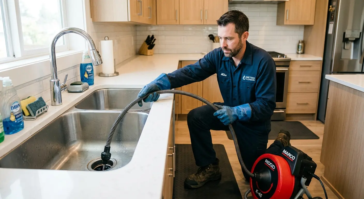 Drain cleaning technician using a motorized snake on a kitchen sink in Wayne