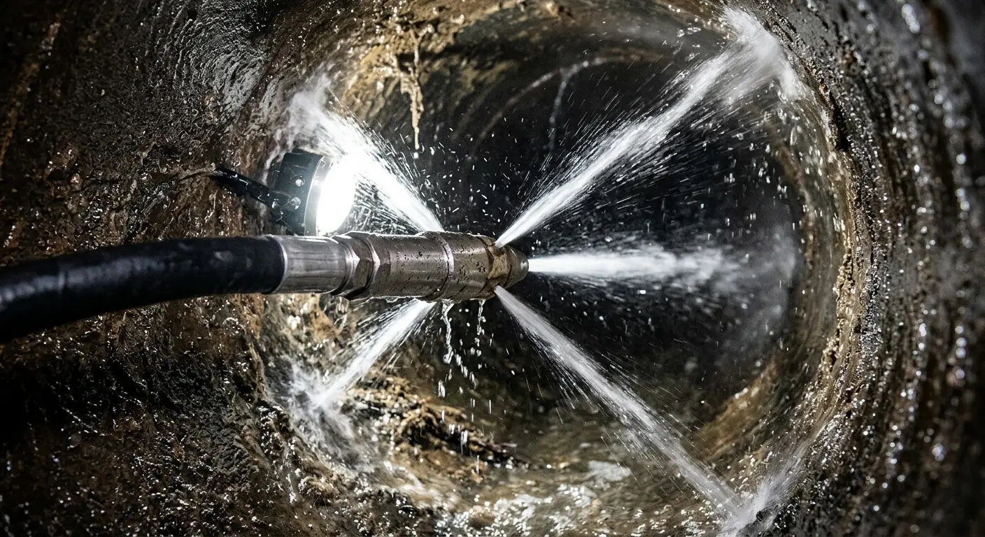 High-pressure hydro jetting nozzle cleaning sewer pipe for Emergency Drain Service in Wayne